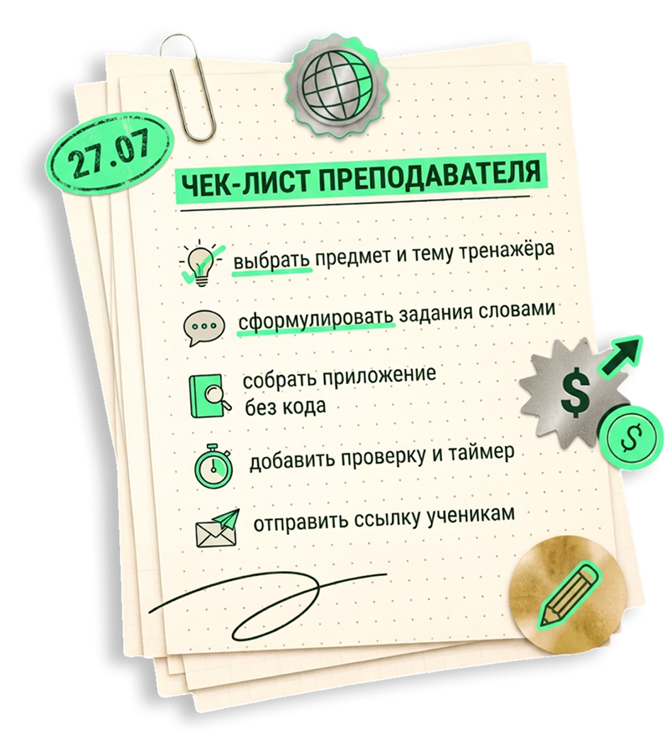 Чек-лист преподавателя: выбрать предмет и тему тренажёра, сформулировать задания словами, собрать приложение без кода, добавить проверку и таймер, отправить ссылку ученикам